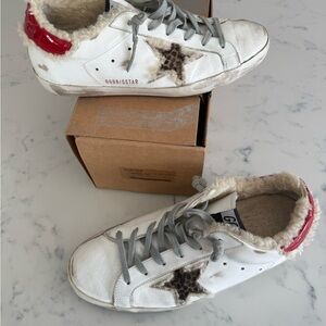 Golden Goose White Sneakers with Leopard Star and Red Heel